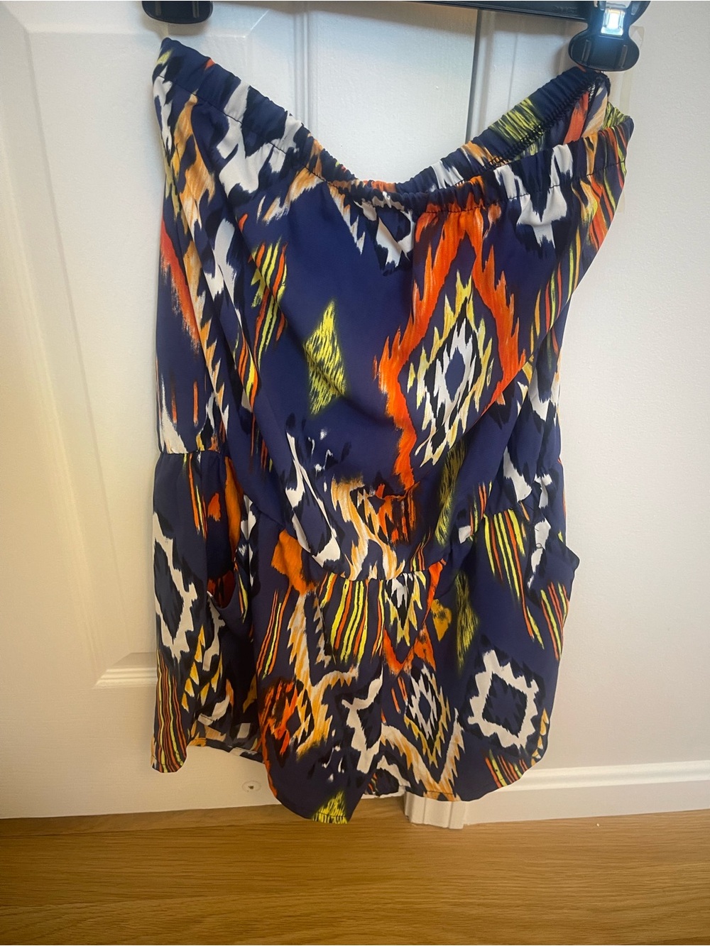 Tyche Strapless Tunic in Navy with Orange & Lime Pattern